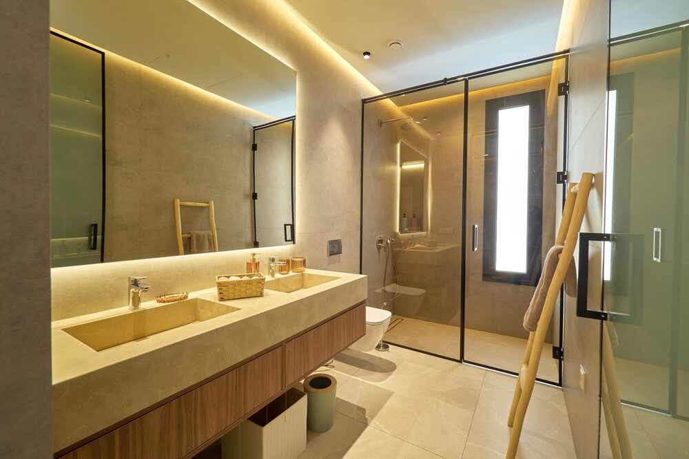 Salle de bains avec vasque et douche vitrée